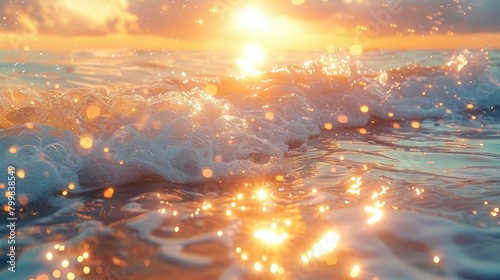 The crystal clear waves leap high, with golden sunlight sprinkled across the sea surface. Generative AI.