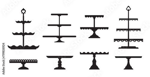 Wedding cake stands and platter trays or dessert plates and table tiers, vector silhouette icons. Wedding cake serving stand or pastry platters for restaurant food, bakery pies podium or level tray
