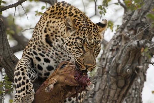 Leopard eating on an impala kill up in a tree. © Lucianastudio