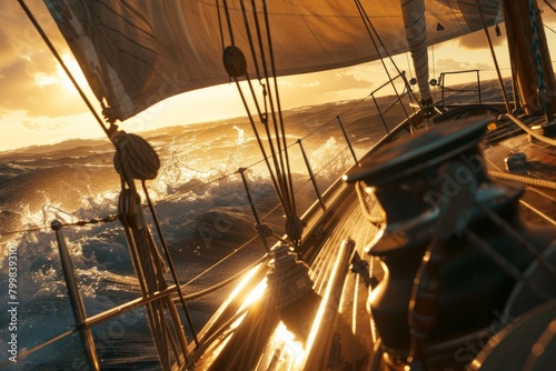 Sailboat sailing in rough ocean with sun shining through sails
