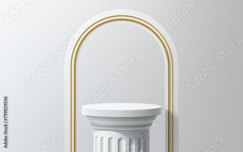 Column podium with golden arch, product display or showcase stand mockup, vector background. White marble or gypsum column pillar podium with arch and golden shine bezel for premium product display