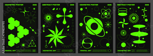 Acid brutal Y2K posters with abstract geometric shapes and futuristic elements, vector backgrounds. Y2K poster or cover templates with acid green brutal geometric elements and futuristic techno shapes