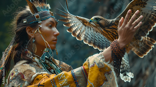 Woman shaman in ritual garment with hawk, generative ai