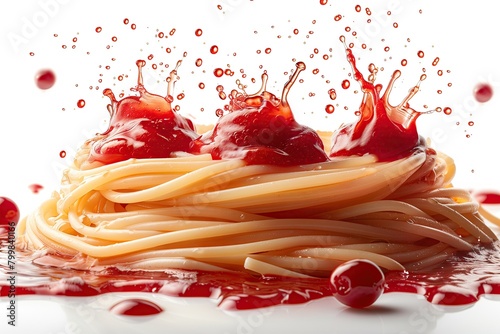 Pile of cooked pasta with ketchup on top