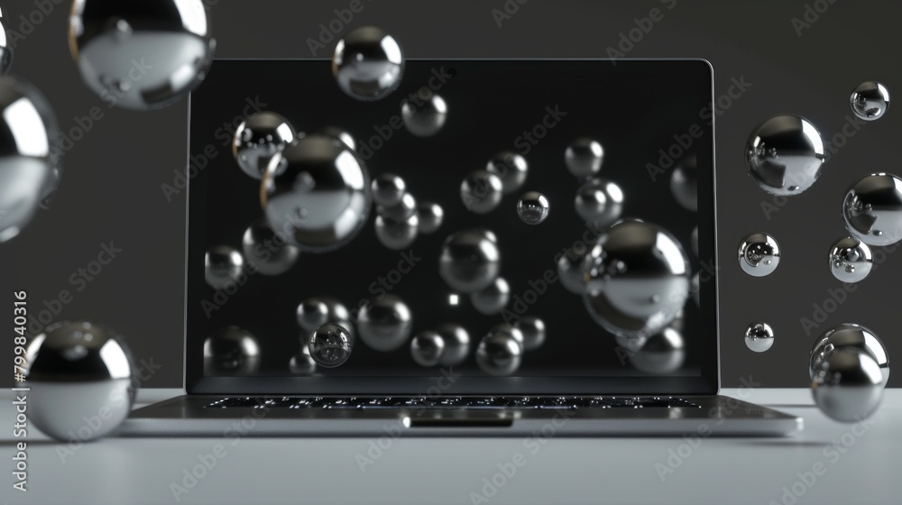 A laptop with black screen on clean table, in the background there is an array of silver spheres