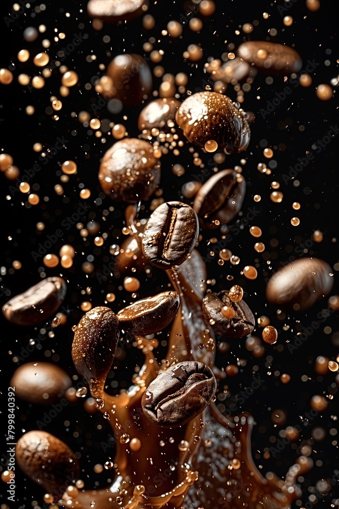 Roasted coffee beans splashing, and coffee juice mixed nearby on a black background. Roasted coffee beans splashing, and coffee juice mixed nearby on a black background.