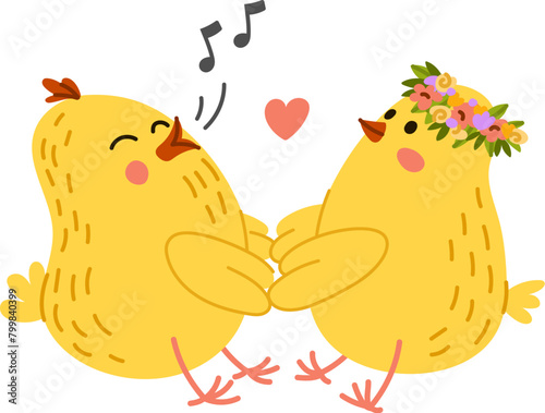Adorable chicks boy and girl characters happily tweet while holding tiny wings, Isolated vector little hen birds with fluffy yellow feathers and bright smiles, share love and romance on poultry farm
