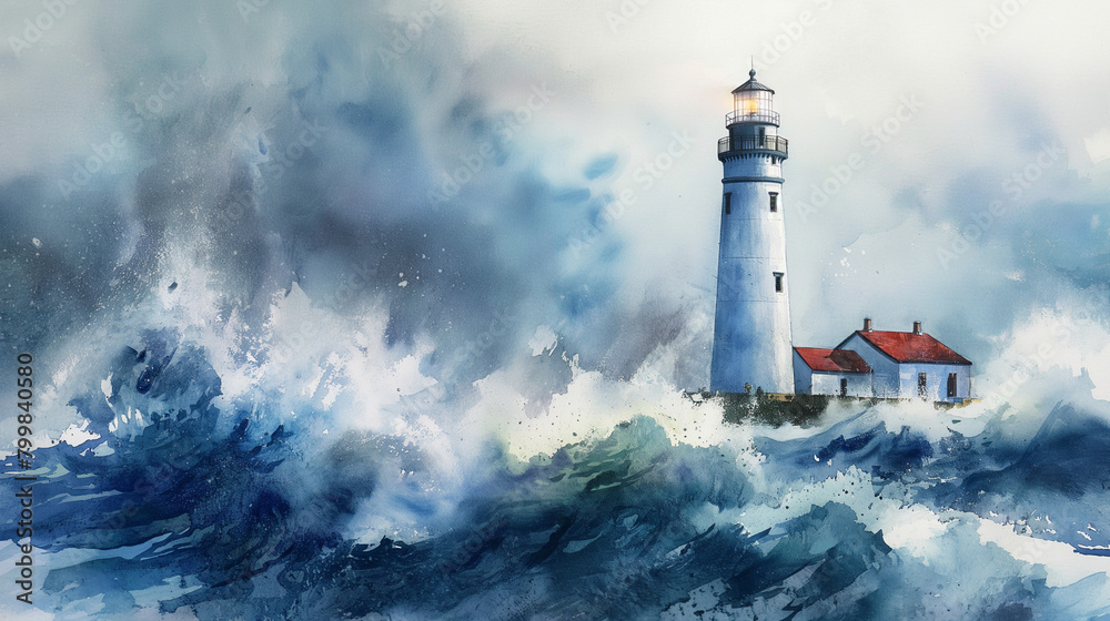 A watercolor lighthouse amid stormy seas, with waves crashing around it. The light house is blue and white with a red roof-Enhanced-SR