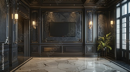 The wall had a dark gray textured wallpaper, with a flat screen tv on the wall. There was ornate wood trim and lighting in the background, with marble floors. Generative AI.