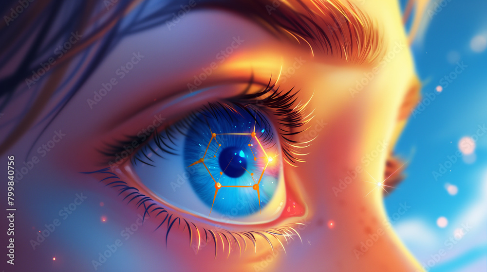 Closeup of an anime-style eye with the iris glowing like celestial stars, symbolizing dreams and imagination-Enhanced-SR