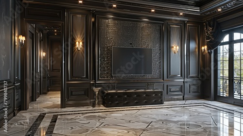 The wall had a dark gray textured wallpaper, with a flat screen tv on the wall. There was ornate wood trim and lighting in the background, with marble floors. Generative AI. photo
