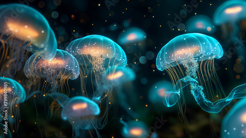 3D render of glowing jellyfish, glowing orbs and bioluminescent creatures in the dark ocean, glowing jelly fish in an alien world-Enhanced-SR © PUKPIK