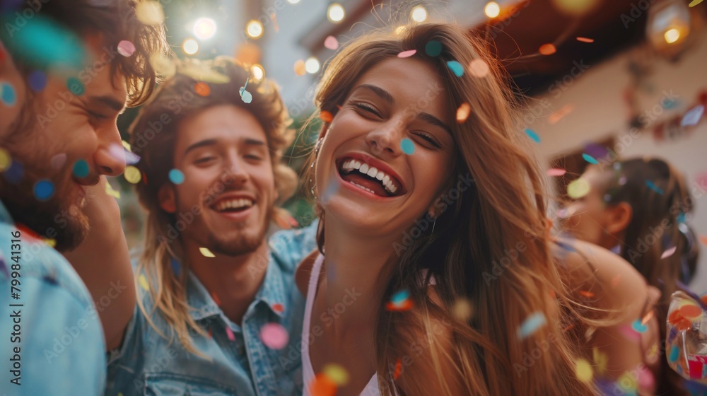 Celebrating Friendship: A Heartwarming Portrait of a Girl Amidst a Group of Lively Companions, Sharing Laughter, Love, and Carefree Moments in the Glowing Aura of a Summer Party Celebrating Friendship: A Heartwarming Portrait of a Girl Amidst a Group of Lively Companions, Sharing Laughter, Love, and Carefree Moments in the Glowing Aura of a Summer Party