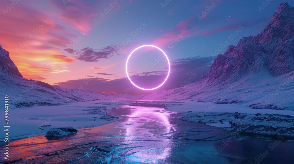 A fantastic landscape with an abstract backdrop to it. A portal to another world, neon landscapes, a golden section, a fairy realm. A 3D render of the scene