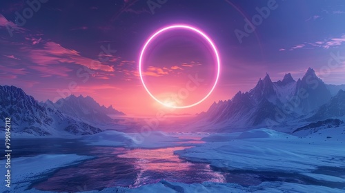 A fantastic landscape with an abstract backdrop to it. A portal to another world, neon landscapes, a golden section, a fairy realm. A 3D render of the scene photo