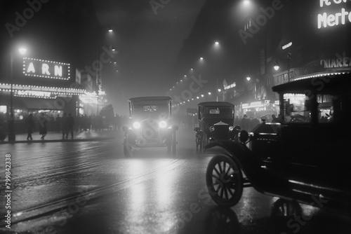 A black and white photo that looks like it was taken on a European street at night in the 1920s.