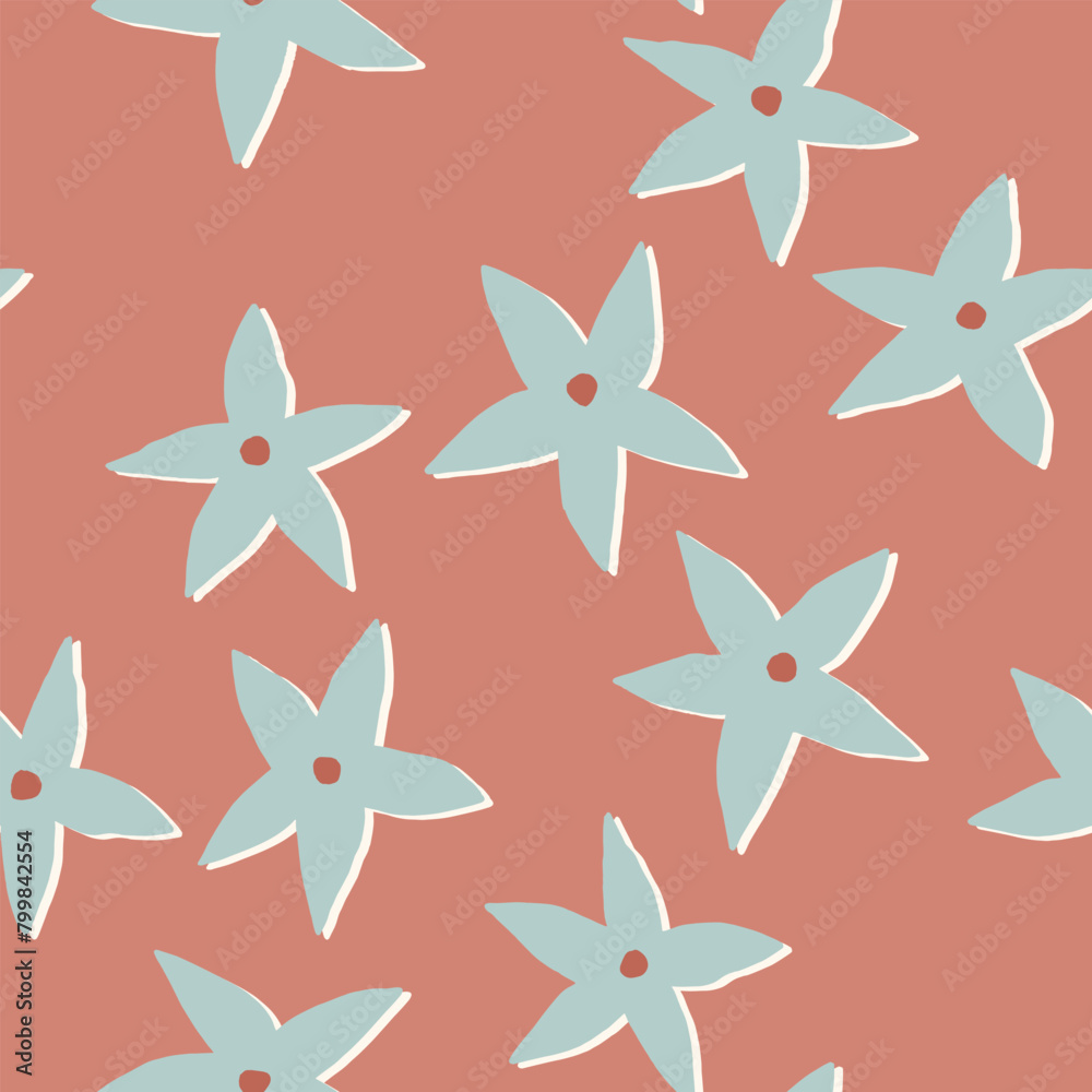Seamless pattern with blue flowers on a red background