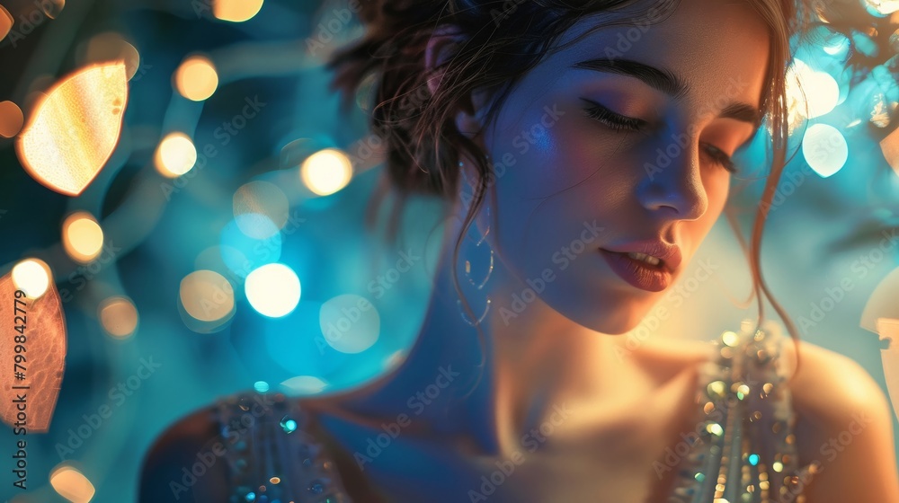 Radiant model in a sparkling dress captured under soft lighting that enhances the dreamy and fascinating atmosphere Radiant model in a sparkling dress captured under soft lighting that enhances the dreamy and fascinating atmosphere