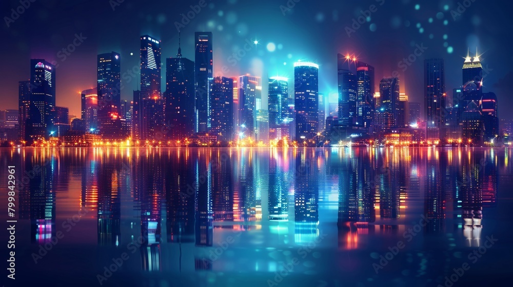 Sparkling city skyline at night its radiant lights reflecting on the water creating a dreamy and vibrant panorama
