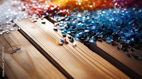 A detailed image of plastic pellets spilled over a wooden table, juxtaposing nature with synthetic materials,