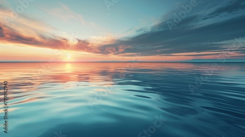 Tranquil scene of a smooth water surface reflecting serene sky colors at dawn embodying peace and stillness © Jenjira