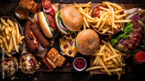 Overhead shot of a variety of fast food items on a rustic wooden table, vibrant colors and textures,
