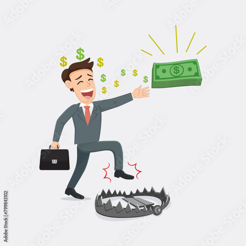 Man takes dollars from a bear trap. Flat, Vector, Illustration, Cartoon, EPS10.