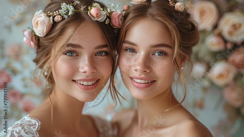 Two beautiful women are smiling at the camera. They are wearing wedding dresses and floral crowns on their heads in front of a vintage wallpaper wall. Generative AI. photo