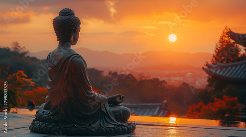 Sunset behind a Buddha statue in a serene temple setting