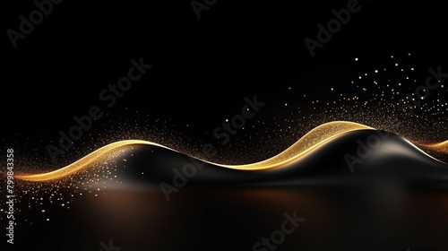 Abstract wave of sparkling gold particles with light effects on a black background for futuristic designs,