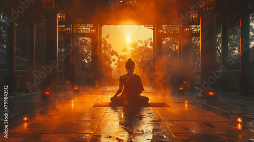 Sunset behind a Buddha statue in a serene temple setting photo