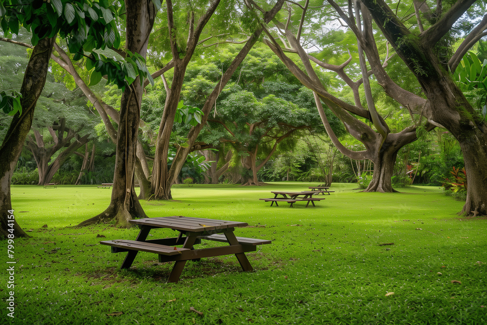 serene photo of picnic area nestled amidst lush green grass and towering trees, evoking a sense of tranquility and closeness to nature, against a clean background serene photo of picnic area nestled amidst lush green grass and towering trees, evoking a sense of tranquility and closeness to nature, against a clean background