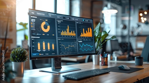 Depicting an advanced lead scoring software dashboard on a large screen in a busy marketing agency. The creative workspace in the background. Generative AI.
