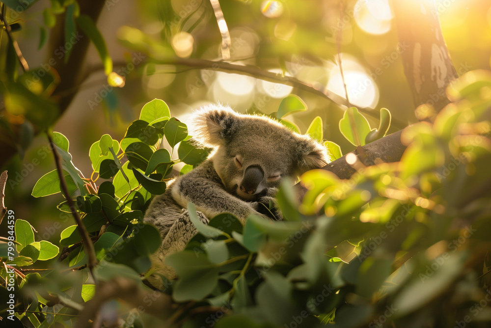 Fototapeta premium heartwarming photo capturing a baby koala peacefully napping on a eucalyptus tree, surrounded by lush foliage and in soft sunlight against a clean background,