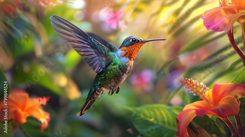 A colorful hummingbird in mid-flight, hovering near bright tropical flowers. The background is a soft blur, focusing on the sharp details of the birda??s iridescent feathers and rapid wing movements