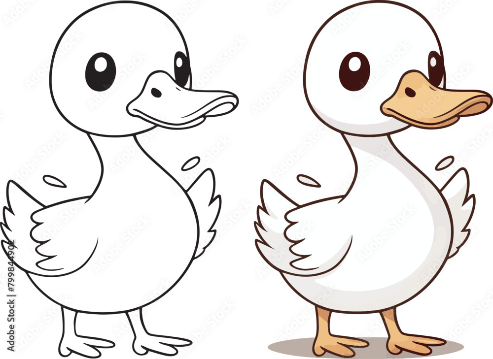 Kawaii duck, cartoon character, cute lines and colorful coloring pages. Kawaii duck, cartoon character, cute lines and colorful coloring pages.