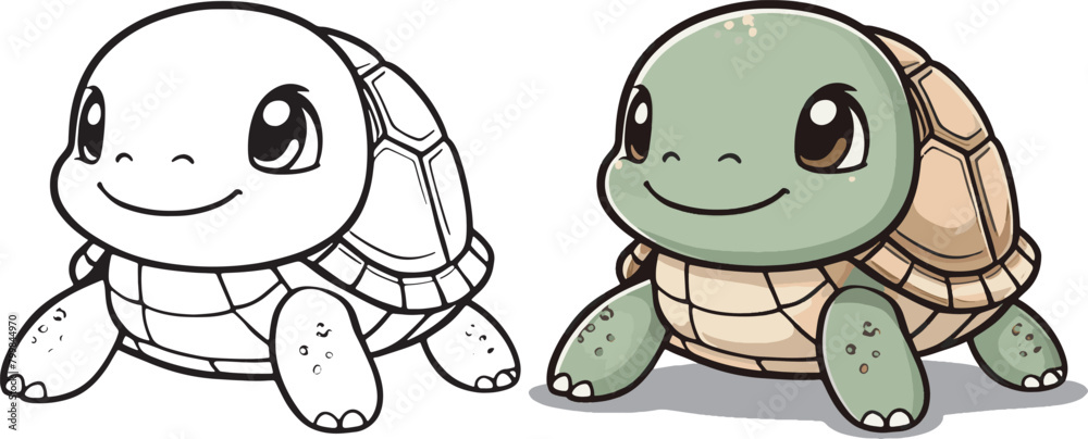 Kawaii turtle, cartoon characters, cute lines and colorful coloring pages.