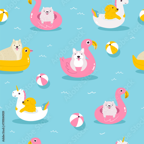 Colorful seamless pattern with funny dogs swimming with inflatable unicorn, flamingo and duck. Cute design with pet characters