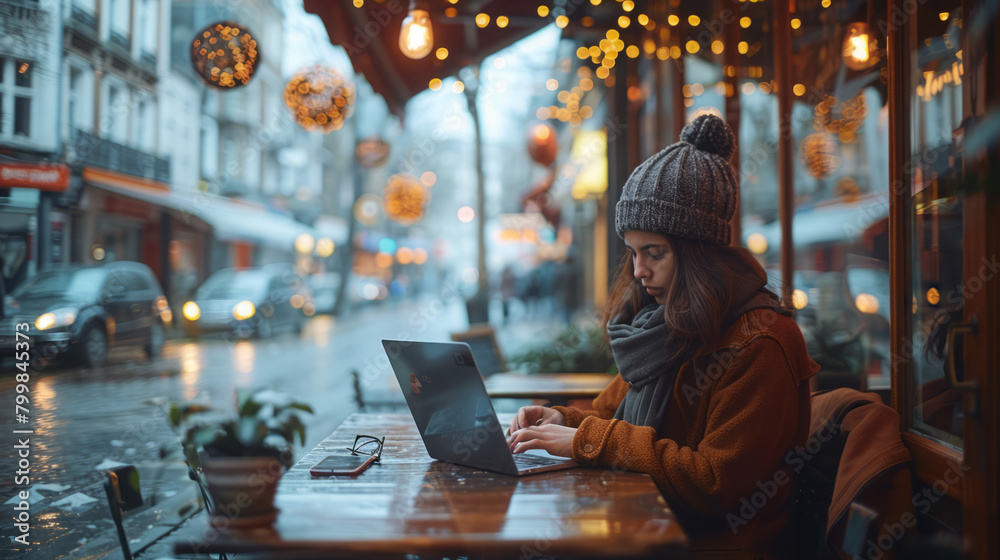 Contemplative Man in a Winter Hat Using a Laptop in a Cozy Cafe Environment