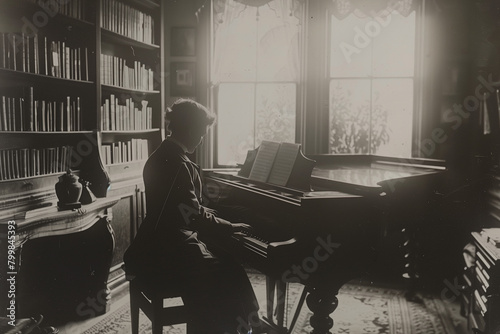 A 1890s-style black-and-white photo of a composer playing the piano in an ornate atelier. photo