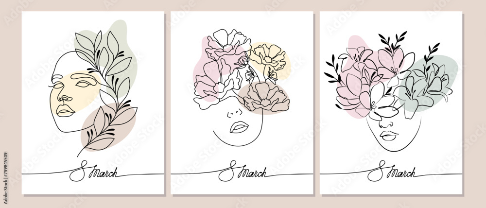 Set of posters for International Women's Day, portraits of women with flowers. Line art, black outline with pastel colors. Wall art, postcards