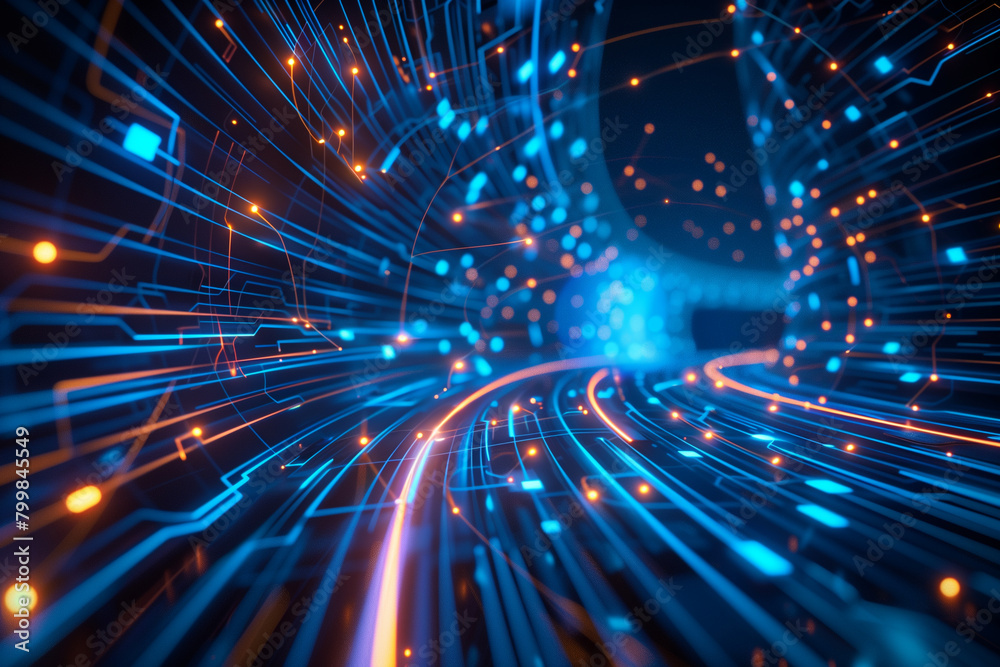 Naklejka premium High-Speed Information Highway in a Luminous Blue Cyberscape