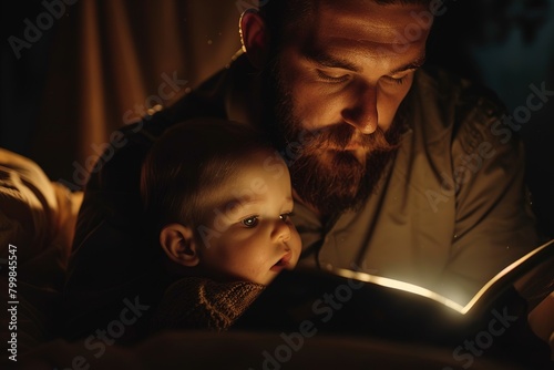 A tender moment as a father reads to his child by warm light.