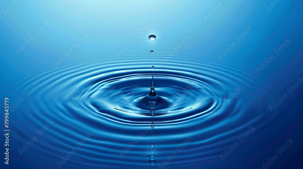A drop of water is falling into a large blue wave. The water is calm and peaceful, with the drops creating a ripple effect in the water. Concept of tranquility and serenity A drop of water is falling into a large blue wave. The water is calm and peaceful, with the drops creating a ripple effect in the water. Concept of tranquility and serenity