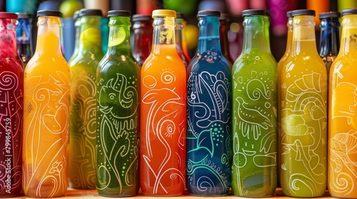 A row of coldpressed juice bottles in vibrant colors adorned with handdrawn labels.
