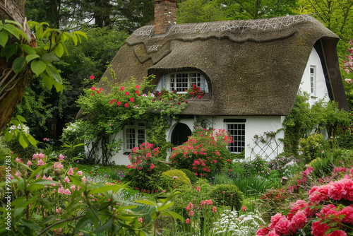 A charming cottage with a thatched roof and climbing ivy, framed by colorful blossoming gardens.
