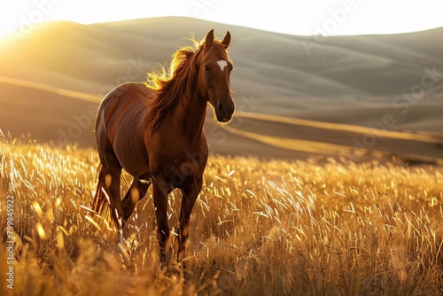 Horses in the evening field. Generative AI