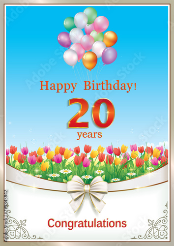 20 years anniversary.Birthday card on background of flowers and balloons with decorative ribbon and bow. Vector illustration