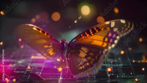 The evolution of a butterfly depicted in a digital futuristic style. The life cycle of an insect, the transformation from caterpillar to butterfly and the concept of business transformation photo