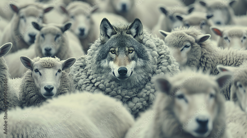 Wolf in disguise wearing a wool clothing mingles, generative ai